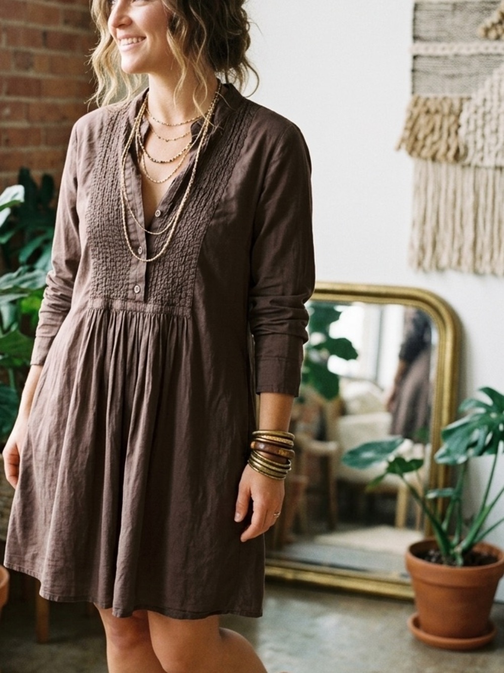 Elemente Clemente Women's Long Sleeve Smock Dress Brown Cotton boho